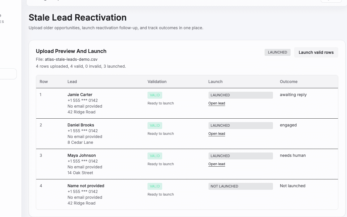 Suhlo stale lead reactivation upload and outcome view with demo data